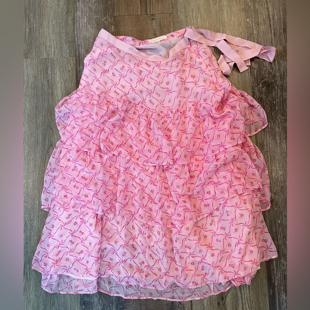 LoveShackFancy Pink Floral Ruffle Midi Skirt